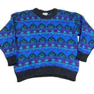 Vintage 80s Gallagher Mohair Blend Sweater Large Blue Purple Geometric Retro